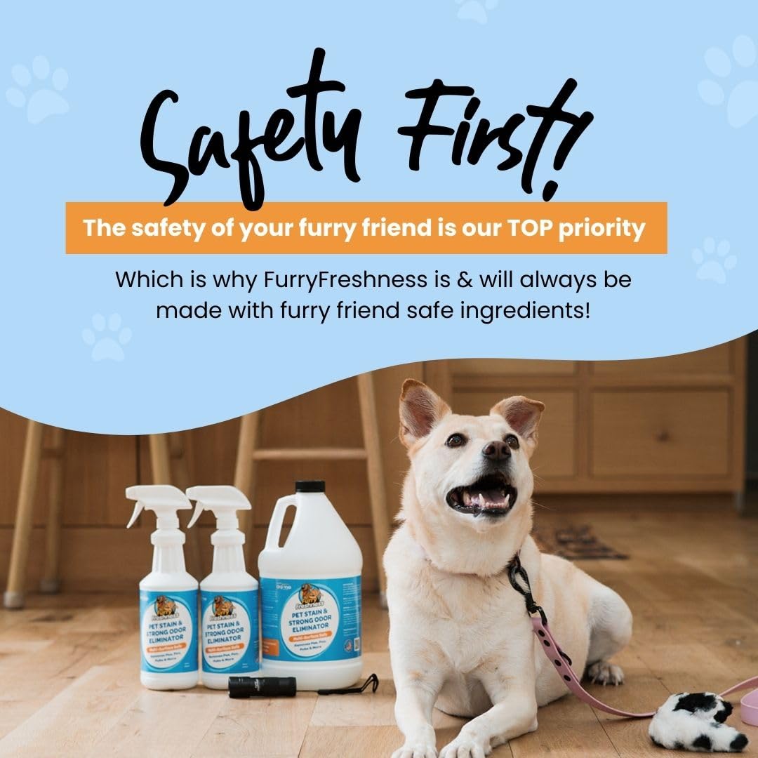 FurryFreshness Extra Strength Cat or Dog Pee Stain & Permanent Odor Remover + Smell Eliminator -Removes Stains from Pets & Kids Including Urine, Blood or Accidents - Carpet+ Solution Lifts Old Stains
