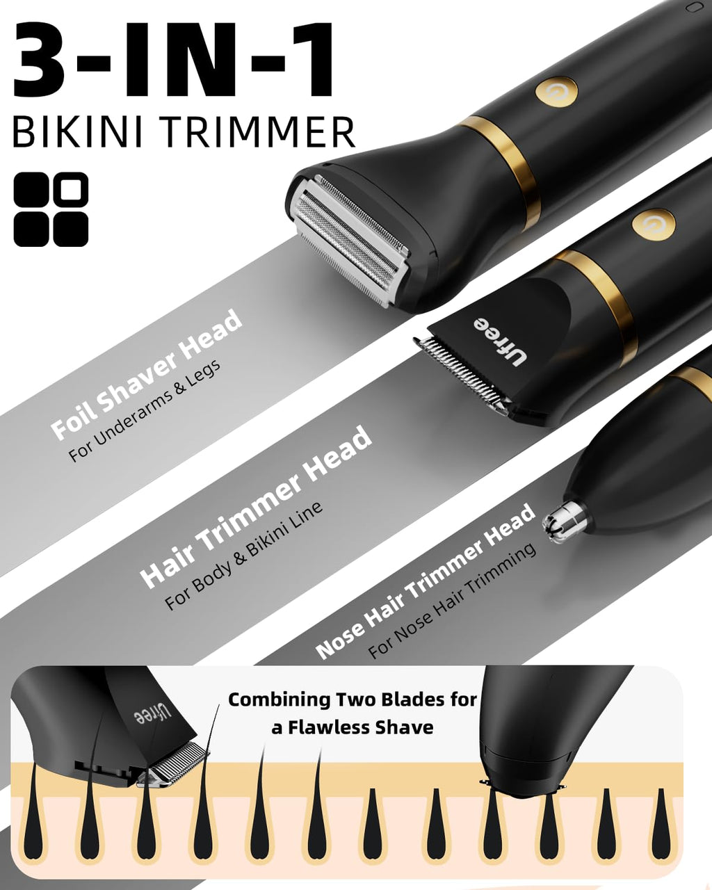 Ufree Bikini Trimmer Electric Razors for Women, Rechargeable Pubic Body Hair Trimmer Electric Shaver for Legs Body Hair, Bikini Shaver IPX7 Waterproof, Gifts for Women