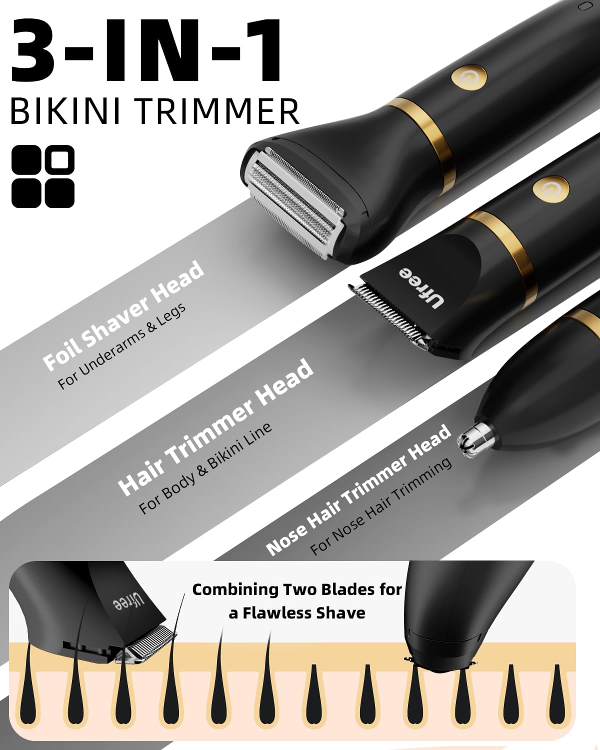 Ufree Bikini Trimmer Electric Razors for Women, Rechargeable Pubic Body Hair Trimmer Electric Shaver for Legs Body Hair, Bikini Shaver IPX7 Waterproof, Gifts for Women