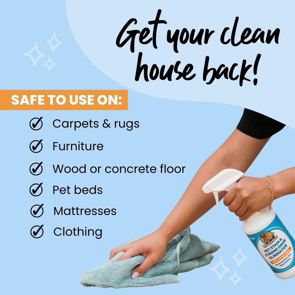 FurryFreshness Extra Strength Cat or Dog Pee Stain & Permanent Odor Remover + Smell Eliminator -Removes Stains from Pets & Kids Including Urine, Blood or Accidents - Carpet+ Solution Lifts Old Stains