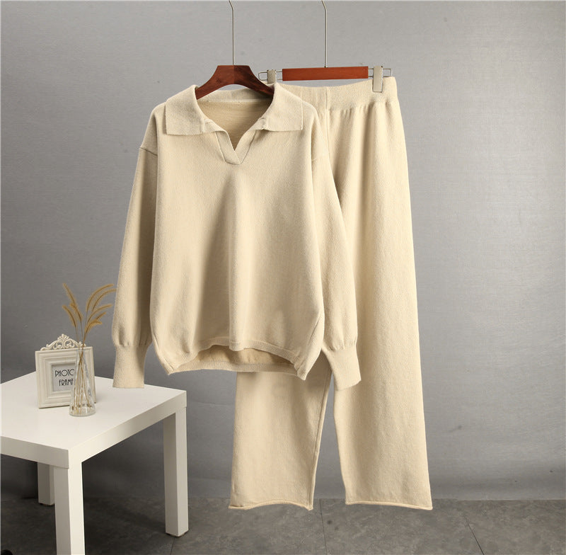 European And American-style Solid-color Lapel Sweater Set For Women, FallWinter