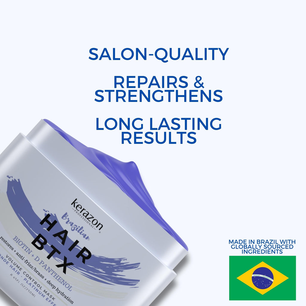 KERAZON Blonde Brazilian Hair BTX Purple Mask – Thermal Activated Hair Treatment for Blonde, Platinum & Silver Hair, Anti-Brass Care, Hydration, Shine & Frizz Control