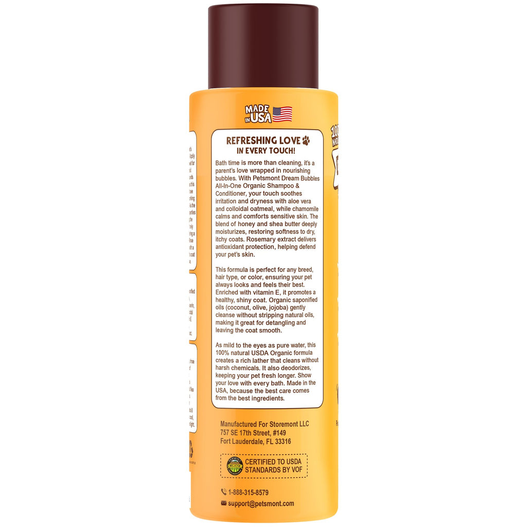 Petsmont Dream Bubbles Organic Shampoo + Conditioner for Dogs and Cats - Oatmeal Shampoo for Sensitive Skin, Anti Itch Conditioner 2 in 1 Dog Itch Relief - 16oz