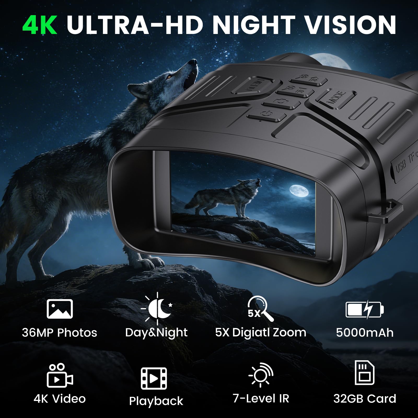 HEXEUM Night Vision Goggles - 4K Night Vision Binoculars for Adults, 3'' HD Screen Binoculars can Save Photo and Video with 32GB TF Card, Black, NV4000