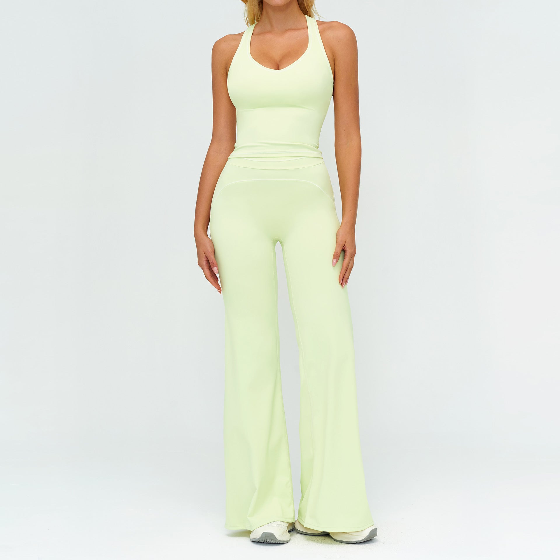 Womens Yoga Set V-neck Sleeveless Tops And Slim Straight Pants Summer Gym Sports Clothing