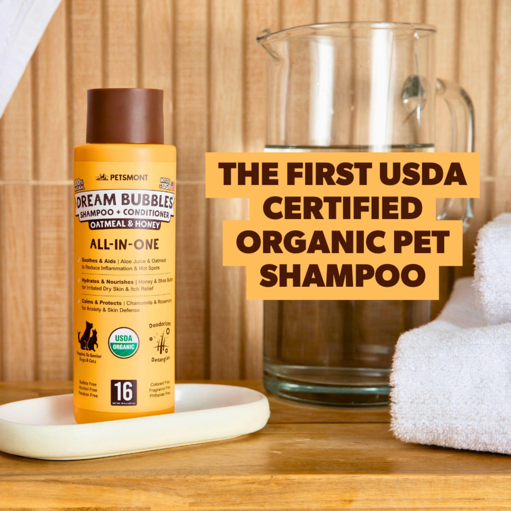 Petsmont Dream Bubbles Organic Shampoo + Conditioner for Dogs and Cats - Oatmeal Shampoo for Sensitive Skin, Anti Itch Conditioner 2 in 1 Dog Itch Relief - 16oz