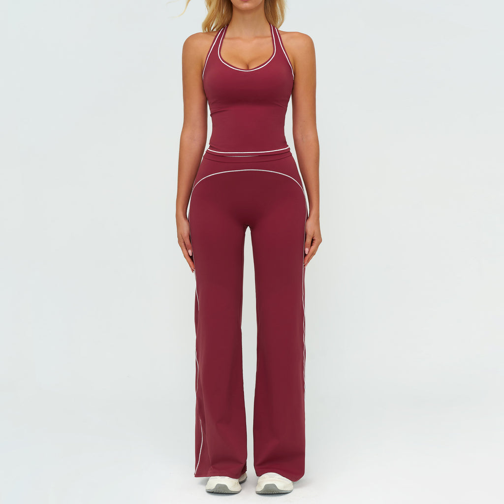 Womens Yoga Set V-neck Sleeveless Tops And Slim Straight Pants Summer Gym Sports Clothing