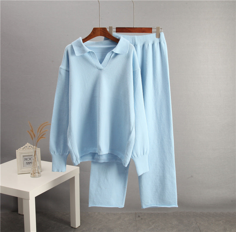 European And American-style Solid-color Lapel Sweater Set For Women, FallWinter